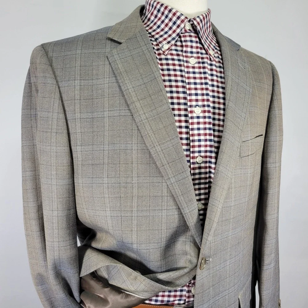 Joseph Feiss Men's Sport Coat Blazer Two Button Brown Plaid‎ Wool Classic 46R